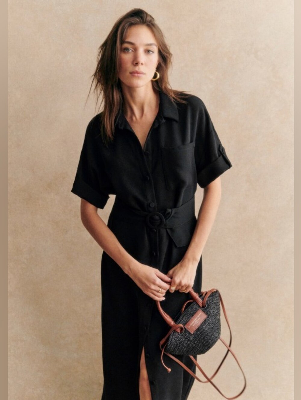 Sezane Dress Black Short-Sleevewith Belt Size Small/ FR 36